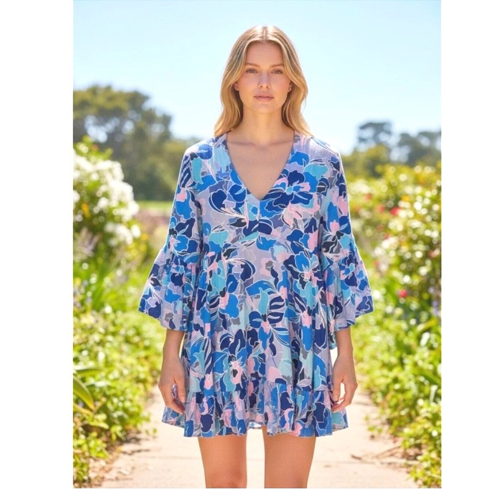 Anthropologie Label Of Love Floral V-Neck Mini Dress Blue Pink Ruffle XL